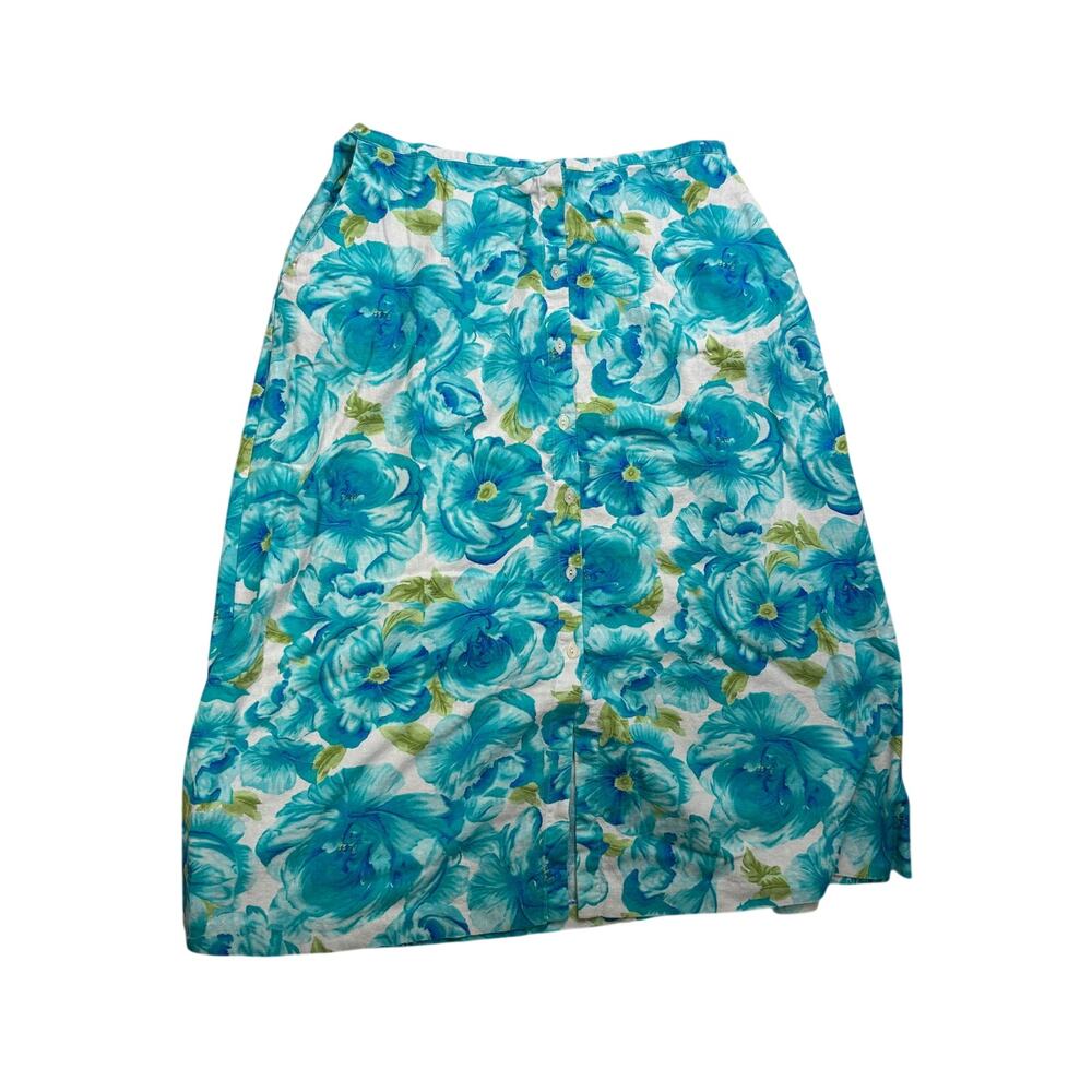 Napa Valley Teal Floral Linen Rayon Midi Skirt Button Front 18W Boho